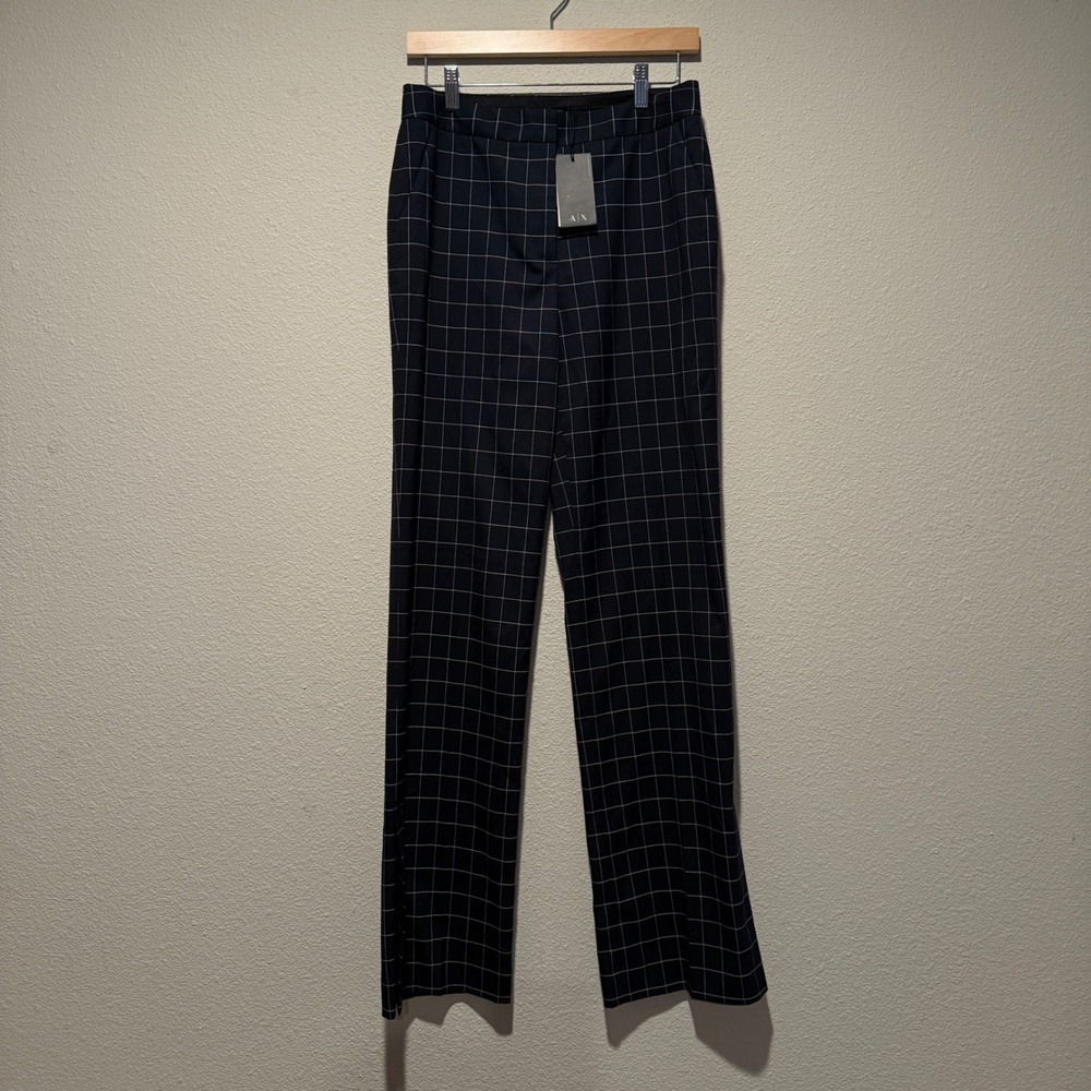 Armani Exchange Navy Windowpane Check Straight Leg Trousers 6XYP10-YNA4Z Size 6